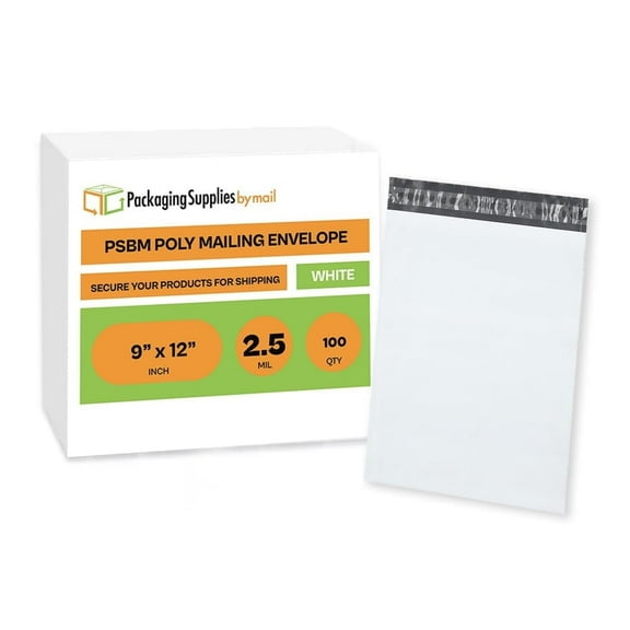 PSBM White Poly Mailers 9" x 12" 2.5 Mil Durable Self-Seal Water-proof Bags 100 Pcs "for Clothing and Retail Purpose
