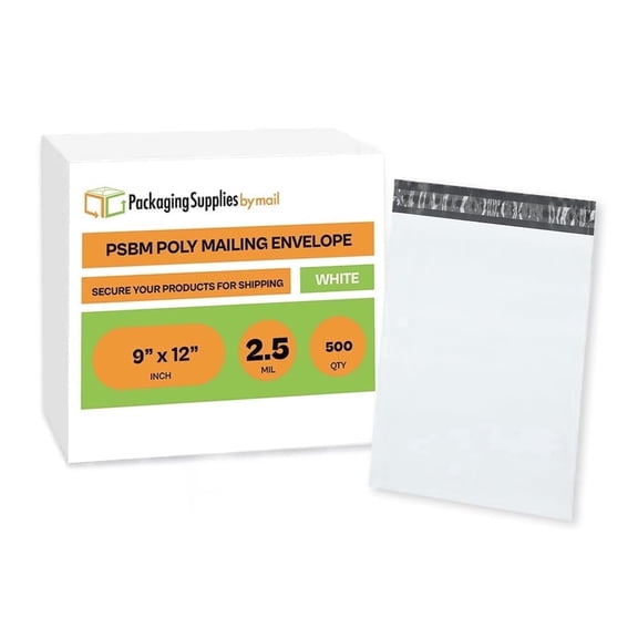 PSBM White Poly Mailers 500 Pcs 9" x 12" 2.5 Mil Tamper Evident Self Adhesive Bags for Online Retail and Packaging Use