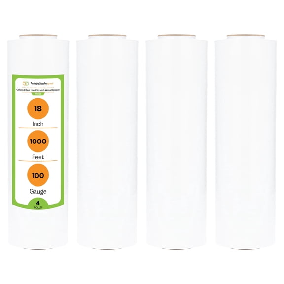 PSBM Cast Hand Stretch Wrap 18" x 1000' 4 Rolls 100 Gauge Plastic White Opaque Self Adhesive Shrink Film for Packing