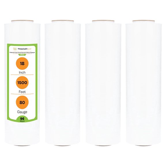 PSBM Cast Hand Stretch Wrap 18" x 1500' 96 Rolls 80 Gauge Plastic White Opaque Self Adhesive Shrink Film for Packing