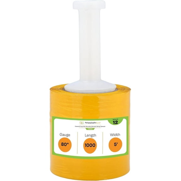 PSBM Cast Mini Stretch Wrap with One Reuseable Handle with Each Case 5" x 1000' 80 Gauge 12 Rolls Yellow Plastic Shrink Film