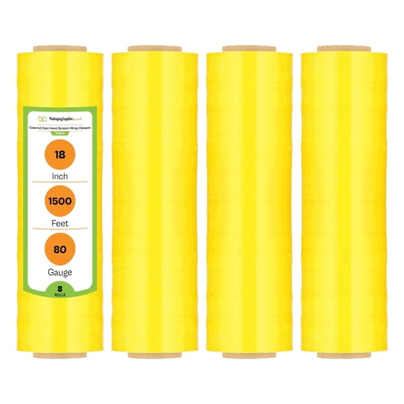 PSBM Cast Hand Stretch Wrap 18" x 1500' 8 Rolls 80 Gauge Plastic Yellow Opaque Self Adhesive Shrink Film for Packing