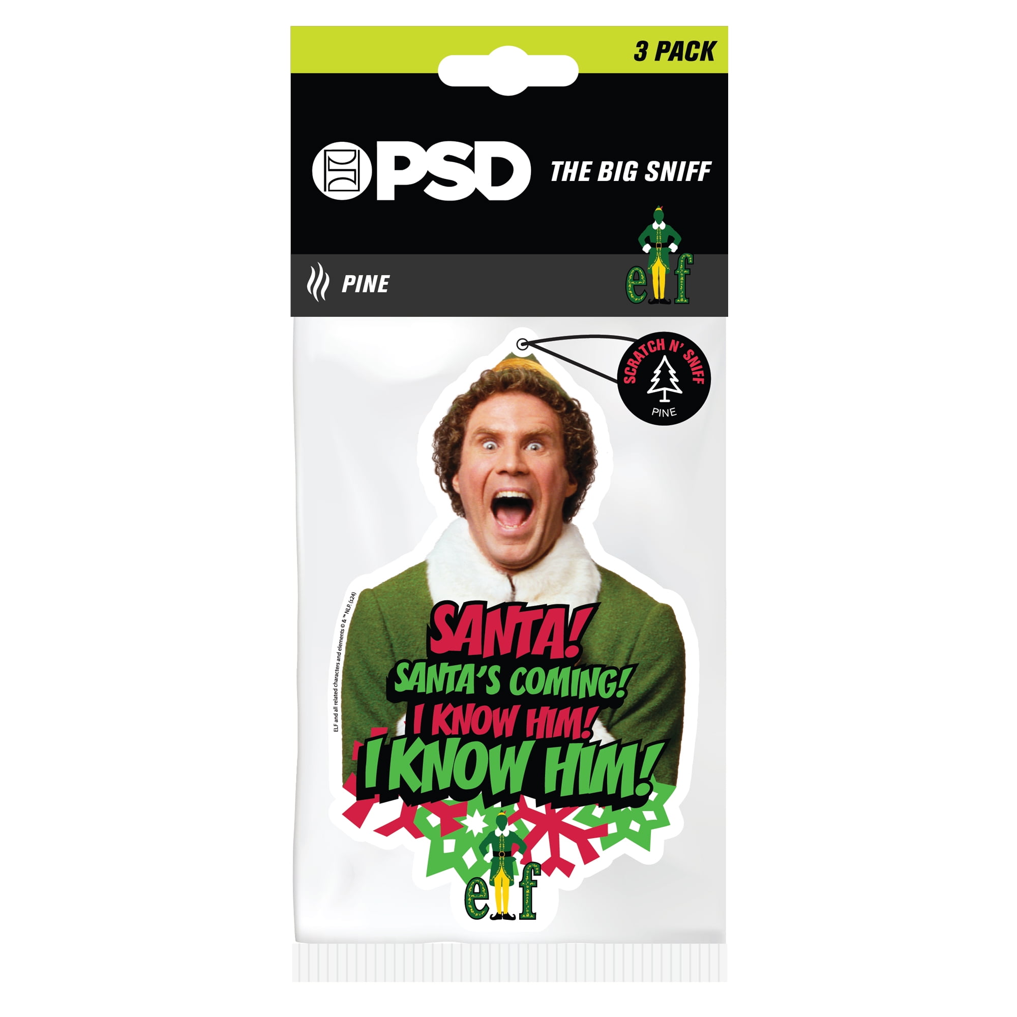 PSD Hanging Air Freshener Elf Santa's Coming 3 Pack with Pine scent.