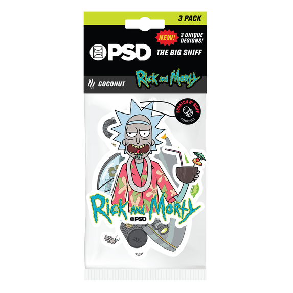 PSD Rick & Morty Mix Hanging Air Freshener 3 Pack infused with Coconut Scent.