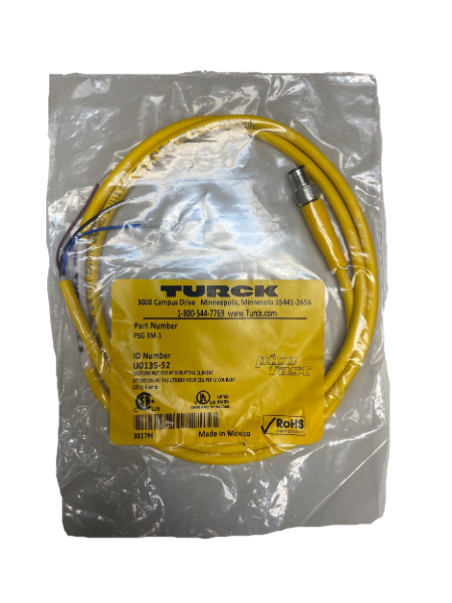 Pvc Psg PSG 3M-1 Cordset, M8 Male to Cut-end, Yellow, 3 cond., 1 meter, PVC ...