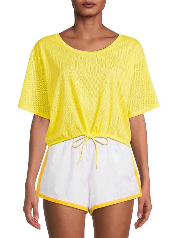 Mesh Fabric Tie Front Drawstring Breathable Short Sleeve Top(Women) Size: M