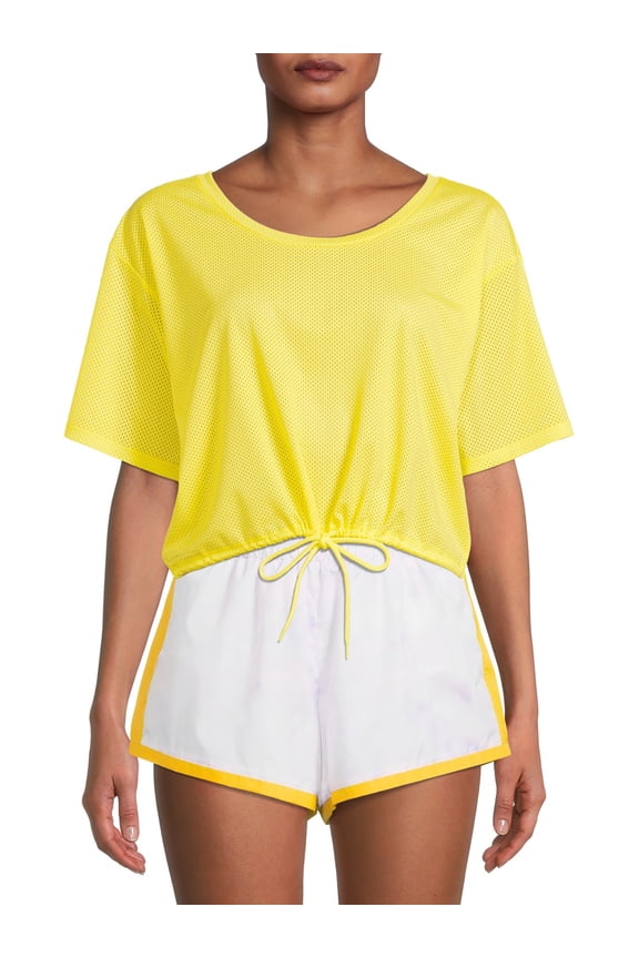 Mesh Fabric Tie Front Drawstring Breathable Short Sleeve Top(Women) Size: M