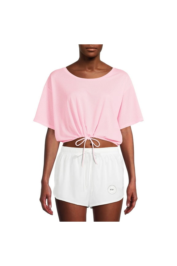 Mesh Fabric Tie Front Drawstring Breathable Short Sleeve Top(Women) Size: XS