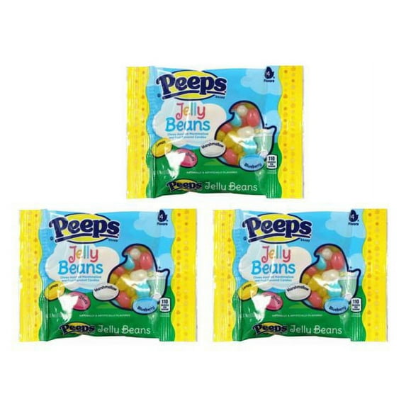 PSLLC Easter Peeps Jelly Beans Candy Candies Includes 4 Flavors: Lemon, Strawberry, Marshmallow, Blueberry - 4oz. (3 pack)