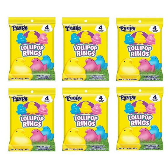 PSLLC Easter Peeps Lollipop Rings; Comes in: Pink, Blue, and Yellow. Individually Wrapped Ring Lollipops, Easter Egg and Basket Stuffers, (6 Pack ? 24 Ring Pops)