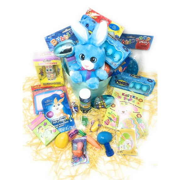 PSLLC Happy Easter Premade Basket Bucket Set for Kids Girls Boys with Holiday Stuffers Goodie Bag with Assorted Toys and Candies Candy (Blue Bunny)