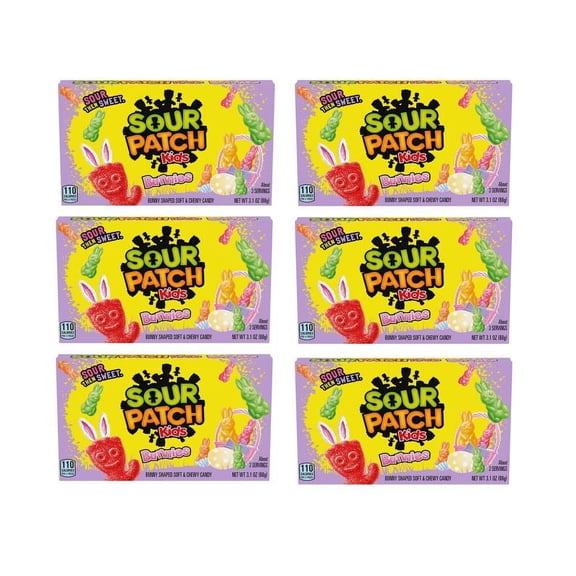 PSLLC SOUR PATCH KIDS Easter Bunnies for Baskets and Easter Egg Hunts Sour then Sweet Chewy Candy 3.1 oz Movie Theatre Box (6 Boxes)