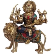 PSQURMART Brass Golden Durga MATA Sitting on Tiger &nbsp;Astadhatu Idol, Standard Hight-9 inches Multicolor Stone Work