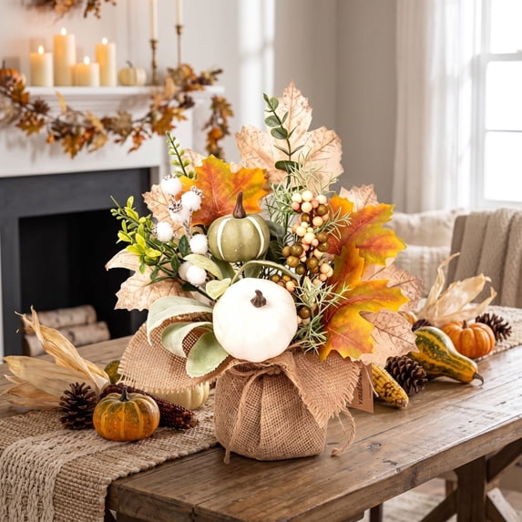 PSVFUJZ 12x11 Inch Fall Artificial Potted, Flowers Table Centerpieces, Rustic Burlap Decor for Table Autumn Thanksgiving Harvest Wedding Holiday Party Home Fireplace Mantle Decor Yellow Maple leave
