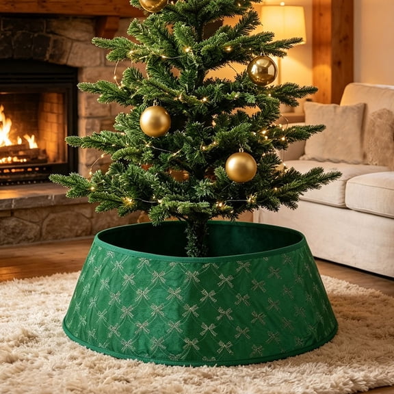 PSVFUJZ 1PCS Christmas Tree Collar, 30 Inch Tree Base Cover Stand Sequined Bow Pattern Tree Base Cover Adjustable Cone-Shaped Tree Apron for Artificial Tree Indoor Holiday Party Decoration(Green)