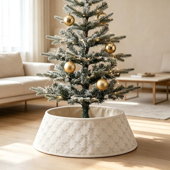 PSVFUJZ 1PCS Christmas Tree Collar, 30 Inch Tree Base Cover Stand Sequined Bow Pattern Tree Base Cover Adjustable Cone-Shaped Tree Apron for Artificial Tree Indoor Holiday Party Decoration(White)