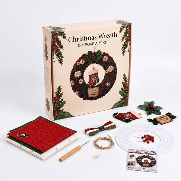 PSVFUJZ 3D Fabric Poke Wreath DIY Kit, Christmas Wreath DIY Kit for Adults, Beginner Friendly Holiday Craft Set, Soft Fabric Handmade Decor for Front Door Wall Window Fireplace Christmas Gift, A