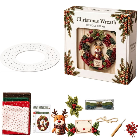 PSVFUJZ 3D Fabric Poke Wreath DIY Kit, Christmas Wreath DIY Kit for Adults, Beginner Friendly Holiday Craft Set, Soft Fabric Handmade Decor for Front Door Wall Window Fireplace Christmas Gift, F