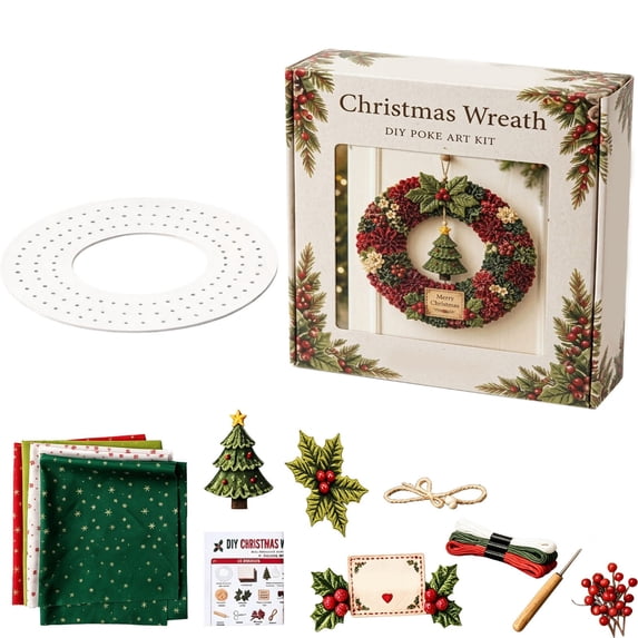 PSVFUJZ 3D Fabric Poke Wreath DIY Kit, Christmas Wreath DIY Kit for Adults, Beginner Friendly Holiday Craft Set, Soft Fabric Handmade Decor for Front Door Wall Window Fireplace Christmas Gift, E