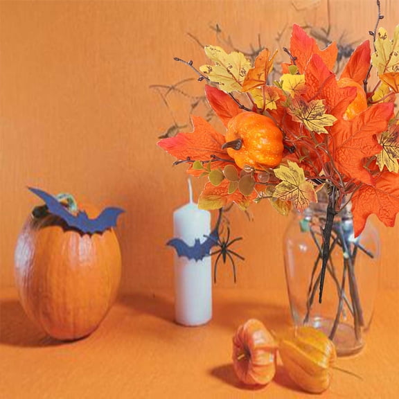 PSVFUJZ Artificial Maple Leaf Bunch with Mini Pumpkins, 9.8" Realistic Fall Foliage for Halloween Tabletop Decor, Waterproof & Fade-Resistant Autumn Leaves for Thanksgiving, 1Pc