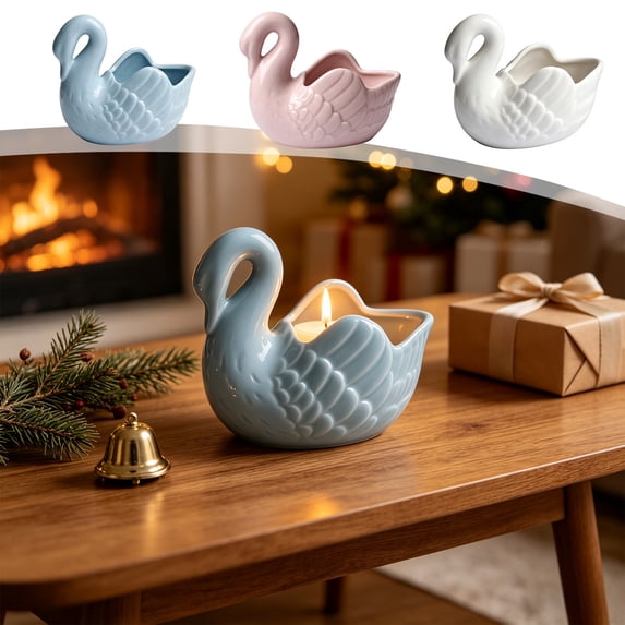 PSVFUJZ Ceramic Cygnet Candle Holder, Glossy Decorative Candlestick Stand, Holiday Ornament for Scented Candle Candlelight Dinner Thanksgiving Christmas Home Table Decor Blue