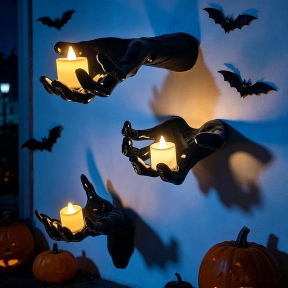 PSVFUJZ Halloween Creepy Witch Hand Wall Sconce with LED Flickering Candle, Gothic Floating Devil Hand Sculpture for Decor, Spooky Wall Mounted Horror Props, 3PC