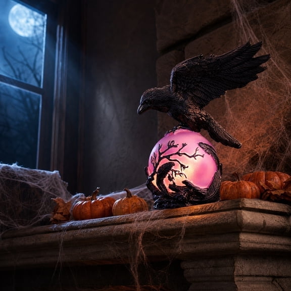 PSVFUJZ Halloween Crow Night Light USB Powered, Black Resin Raven Luminous Lamp for Desktop Decor, Spooky Gothic Home Tabletop Decoration & Creepy Holiday Gift, 7.09 Inch
