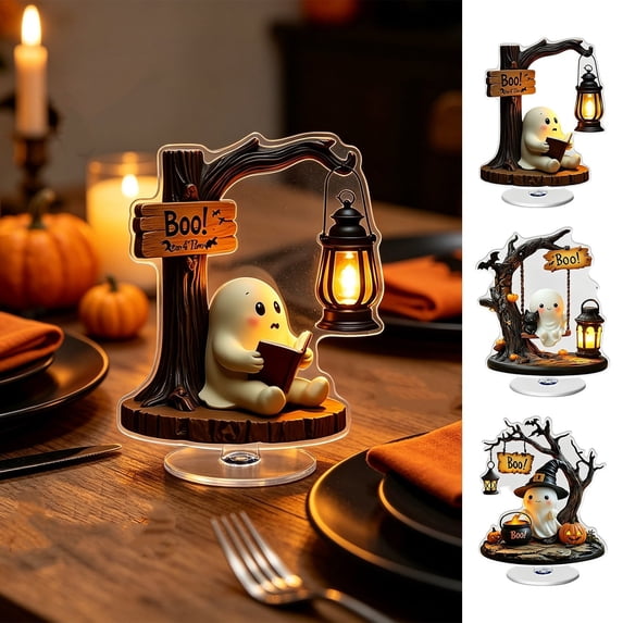PSVFUJZ Halloween Cute Ghost Rotating Acrylic Figurine, Spinning Tabletop Decoration with Ghost Black Cat Pattern, Mini Festive Display for Home Indoor Table, Mantel, Shelf Holiday Decor