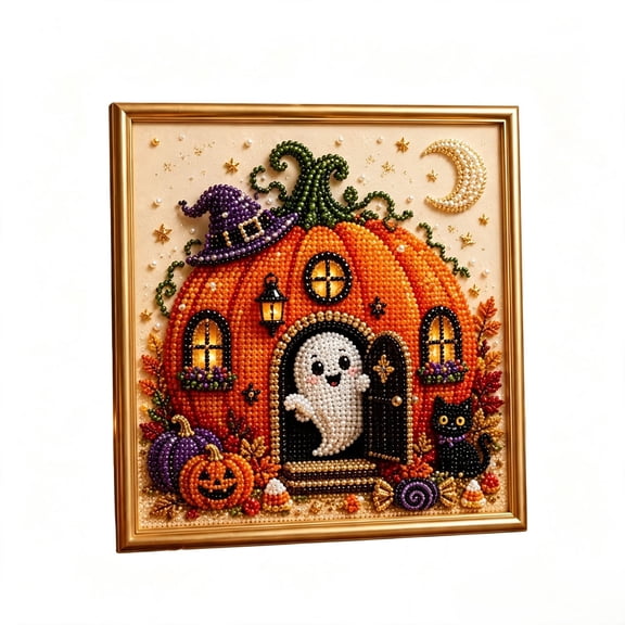 PSVFUJZ Halloween Pearl Art DIY Kit, Diamond-Painting Crafts for Adults DIY Halloween Pumpkin House Kit With Frame Suitable For Home Holiday Decor.