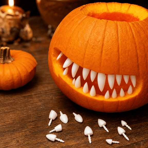 PSVFUJZ Halloween Pumpkin Teeth Decorations, Jack-O-Lantern Teeth Kit, Screw-In Pumpkin Fangs and Teeth Set for Carving Party Porch Display Fall Decor, Sharp Fangs 28 Pcs