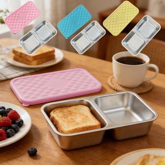 PSVFUJZ Reusable Stainless Steel Lunch Box with Silicone Lid, 2-Compartment Leakproof Metal Bento Lunch Box, BPA-Free Food Container for Work Travel