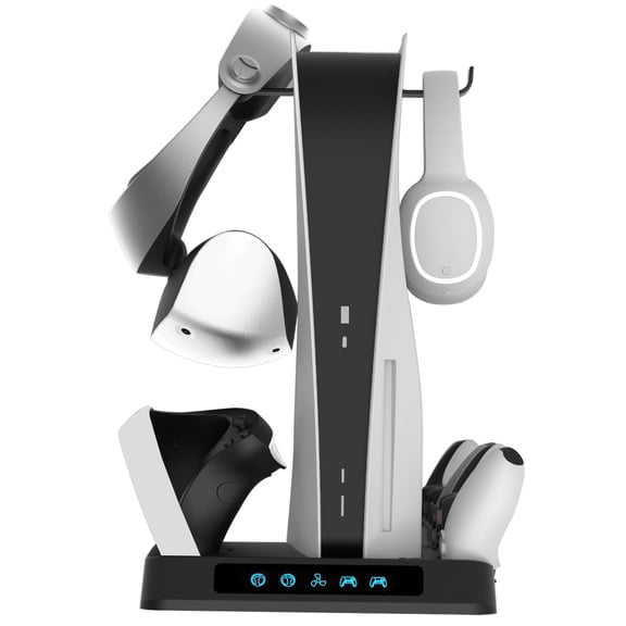 Charging Stand for PS5 & PSVR2, Vertical Stand with Cooling Fan Game Controller Wireless Charging Station, VR2 Headset Base Accessories-Black