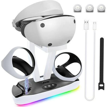 Charging Station with RGB Light, Fast Charging Dock & VR Headset Stand for PS VR2, Charger Dock Station Stand with LED Light-White