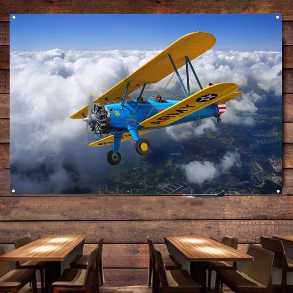 PT-17 Kaydet Fighter Plane Poster Canvas Print Art Banner -  Attack Aircraft Military Art Works For Air Force Fans - Aviation Hanging Flag Room Man Cave Garage Decor 38" x 57"