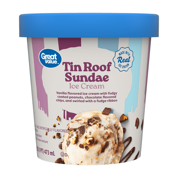 Great Value Tin Roof Sundae Ice Cream, 1 Pint