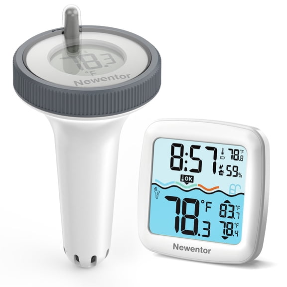 Newentor Wireless Pool Thermometer Floating Easy Read, IPX8 Waterproof, 200FT Long Range, Accurate Water Temperature Gauge with Indoor Temp Humidity & Clock for Pool, Spa, Hot Tub, Aquarium