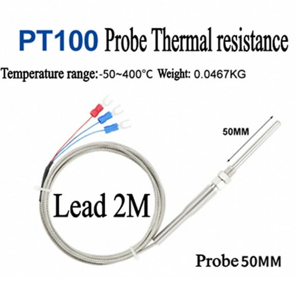 PT100 For RTD Temperature Sensor Probe, Stainless Steel Thermocouple For M8 Thread, -50 To 400C Range For Industrial Test Measurement, 5Mm Diameter, Multiple Lengths(50mmx2m)