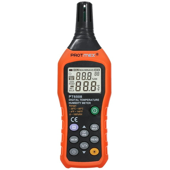 PT6508 Temperature Humidity Meter, Digital Thermometer Hygrometer Monitor with Ambient, Dew Point, Wet Bulb for Indoor/Outdoor MIN, MAX, Data Hold, LCD Backlight