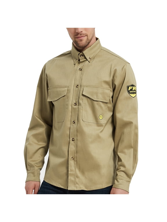 7.5oz Men's Flame Resistant Button Down Shirt, Men Lightweight Twill FR Work Shirt Ideal for Welding and Oil Worker (Khaki, Large)