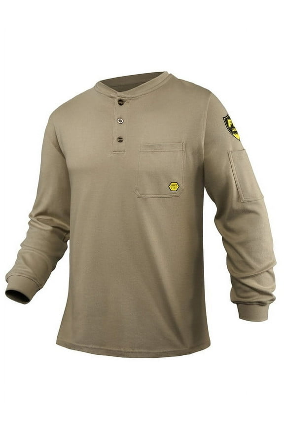 FR Shirts for Men, 5.5oz Flame Resistant Shirts Long Sleeve for Summer, CAT2/HRC2 100% Cotton Lightweight Welding Shirts(Khaki,Medium)