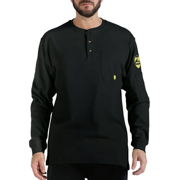 PTAHDUS Men's Flame Resistant Long Sleeve Henley Shirt, 7.1 Ounce 100% Cotton FR Workwear Clothing for Men. (Black, Large)