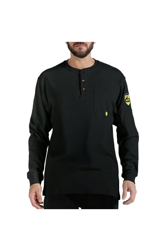 Men's Flame Resistant Long Sleeve Henley Shirt, 7.1 Ounce 100% Cotton FR Workwear Clothing for Men. (Black, Large)
