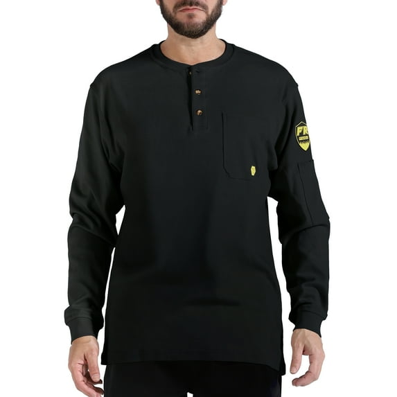 PTAHDUS Men's Flame Resistant Long Sleeve Henley Shirt, 7.1 Ounce 100% Cotton FR Workwear Clothing for Men (Black, XX-Large)