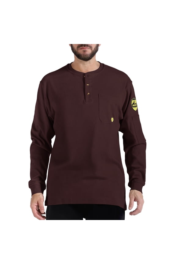 Men's Flame Resistant Long Sleeve Henley Shirt, 7.1 Ounce 100% Cotton FR Workwear Clothing for Men (Burgundy, X-Large)