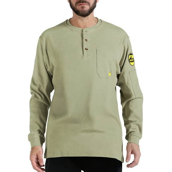 PTAHDUS Men's Flame Resistant Long Sleeve Henley Shirt, 7.1 Ounce 100% Cotton FR Workwear Clothing for Men (Khaki, 3X-Large)