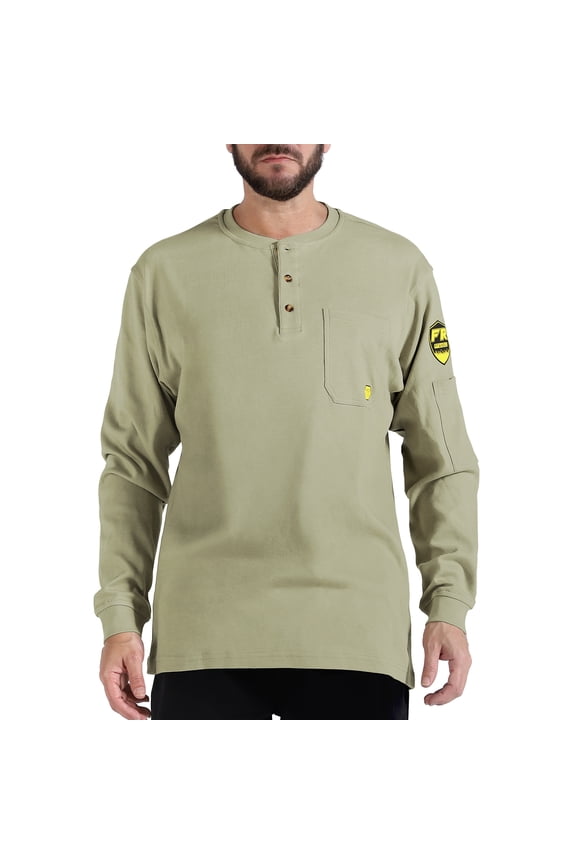 Men's Flame Resistant Long Sleeve Henley Shirt, 7.1 Ounce 100% Cotton FR Workwear Clothing for Men (Khaki, 3X-Large)