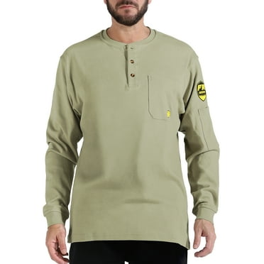 PTAHDUS Men's Flame Resistant Long Sleeve Henley Shirt, 7.1 Ounce 100% Cotton FR Workwear Clothing for Men (Khaki, X-Large)