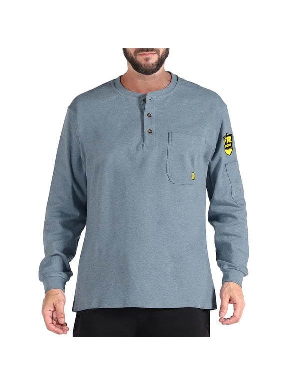 Men's Flame Resistant Long Sleeve Henley Shirt, 7.1 Ounce 100% Cotton FR Workwear Clothing for Men (Teal Grey Heather, Large)