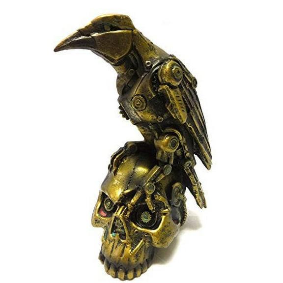 PTC Steampunk Dark Crow Raven Setting on Skull Skeleton Sculpture Statue