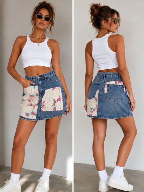 PTCL Denim Women’s Patchwork Mini Skirt Blue Denim Multicolor Print Pockets
